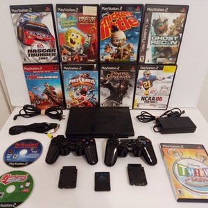 PlayStation 2 PS2 Slim Console System Bundle 11 Games 2 Wireless Controllers
